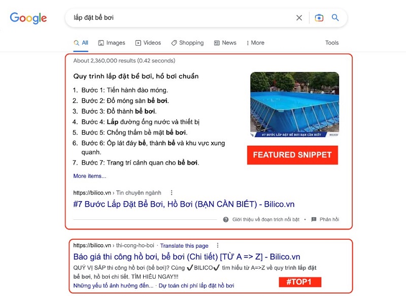 Thứ hạng từ khóa dự án Bilico - lắp đặt bể bơi Thứ hạng từ khóa dự án Bilico - lắp đặt bể bơi