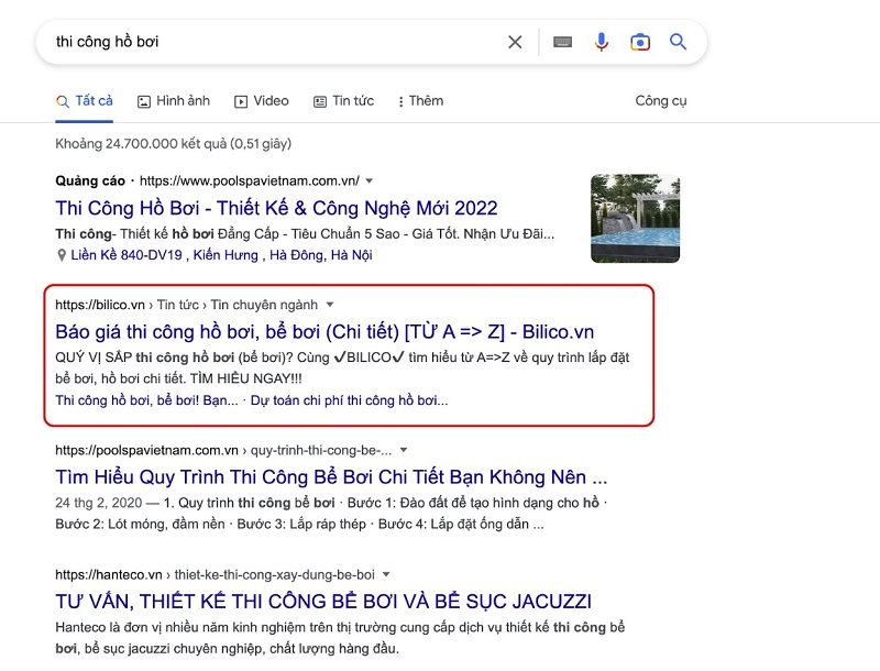 Thứ hạng từ khóa dự án Bilico - thi công hồ bơi Thứ hạng từ khóa dự án Bilico - thi công hồ bơi