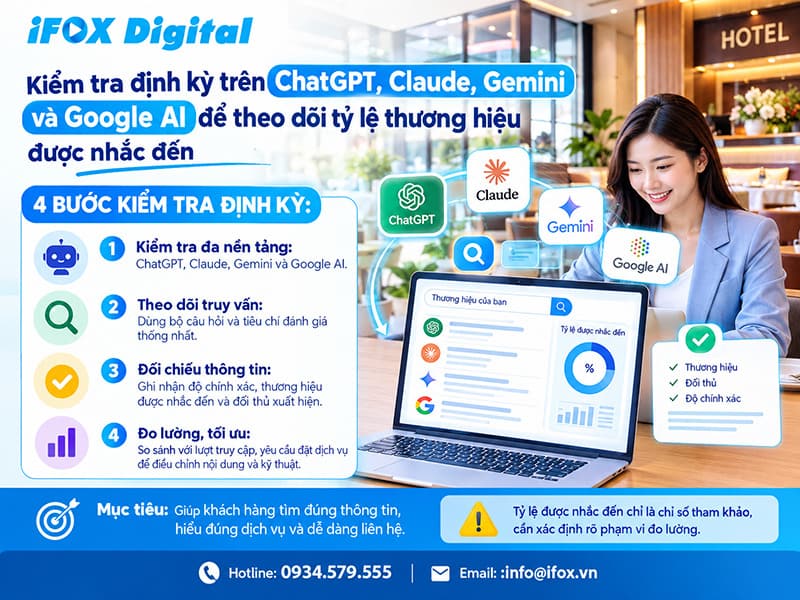 Kiểm tra định kỳ trên ChatGPT, Claude, Gemini và Google AI để theo dõi tỷ lệ thương hiệu được nhắc đến
