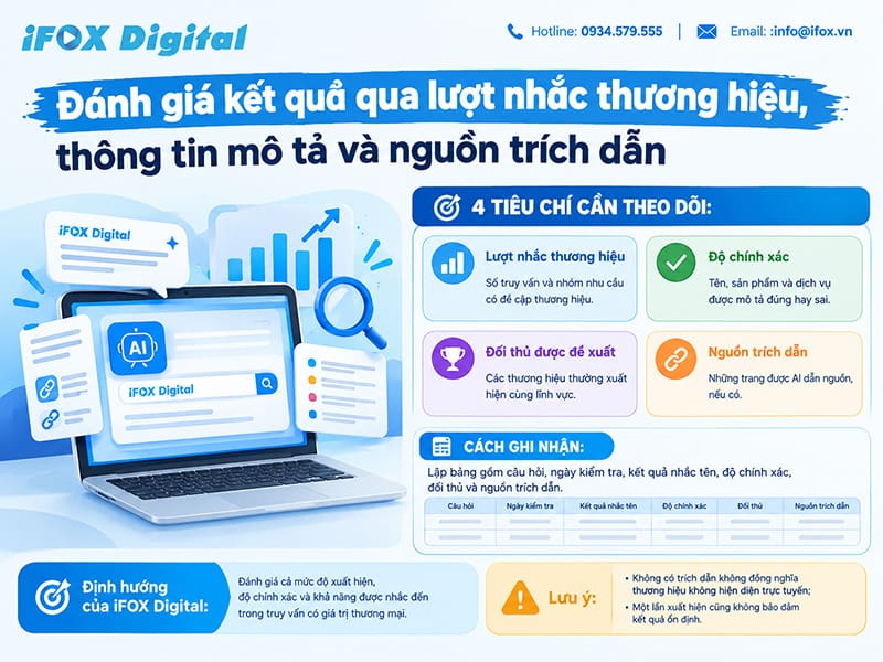 Đánh giá kết quả qua lượt nhắc thương hiệu, thông tin mô tả và nguồn trích dẫn
