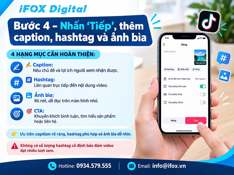 Bước 4 – Nhấn “Tiếp”, thêm caption, hashtag và ảnh bìa
